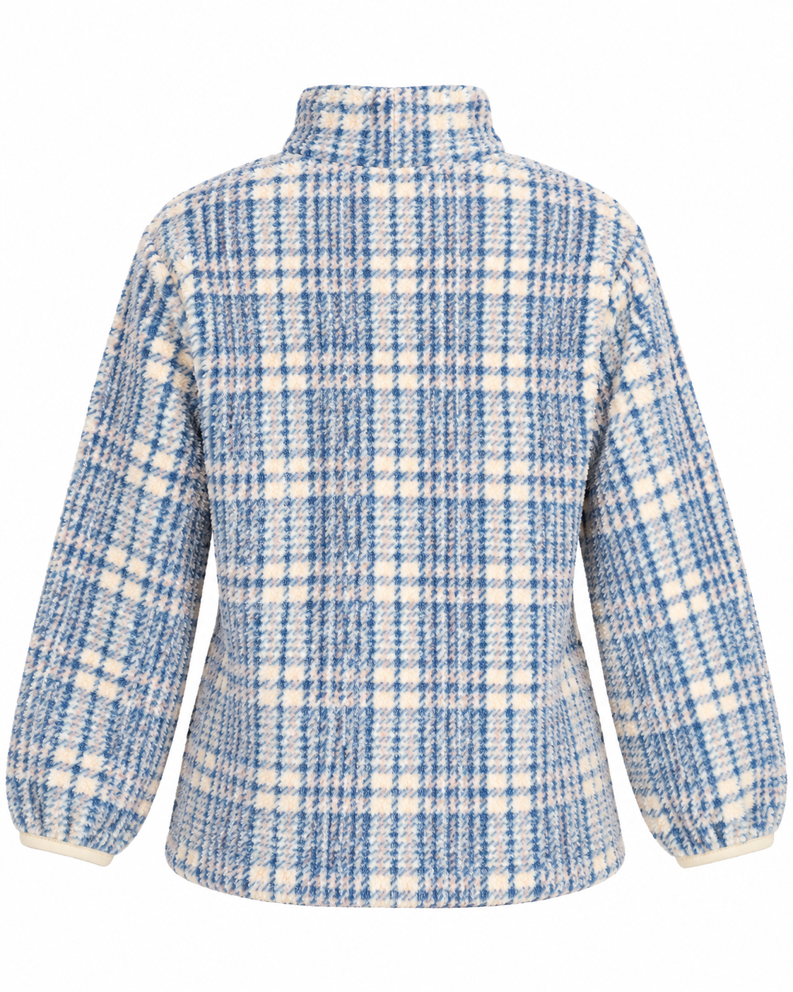 Back view of the blue and cream plaid fleece pullover showing the plaid pattern, stand collar, long sleeves, and cream cuff edging
