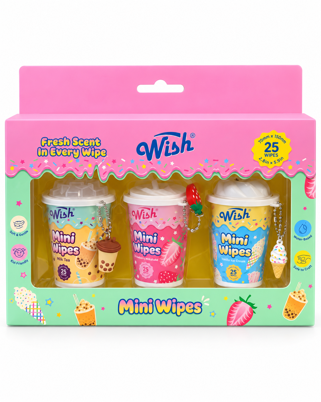 Front of the scented mini wipes three-pack showing Brown Sugar Milk Tea, Strawberry Milkshake, and Vanilla Ice Cream cups with matching charms

