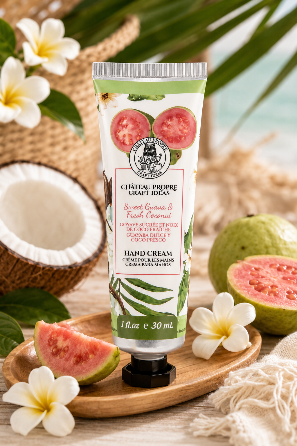 A tube of Château Propre Craft Ideas Sweet Guava & Fresh Coconut Hand Cream styled on a wooden tray with guava slices, white plumeria flowers, a woven basket, and tropical leaves in the background.
