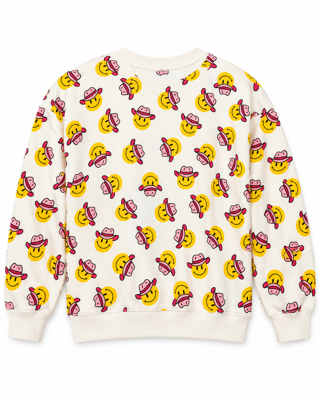Back view of the cream sweatshirt showing the allover yellow smiley face and pink cowgirl hat print
