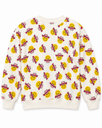 Back view of the cream sweatshirt showing the allover yellow smiley face and pink cowgirl hat print
