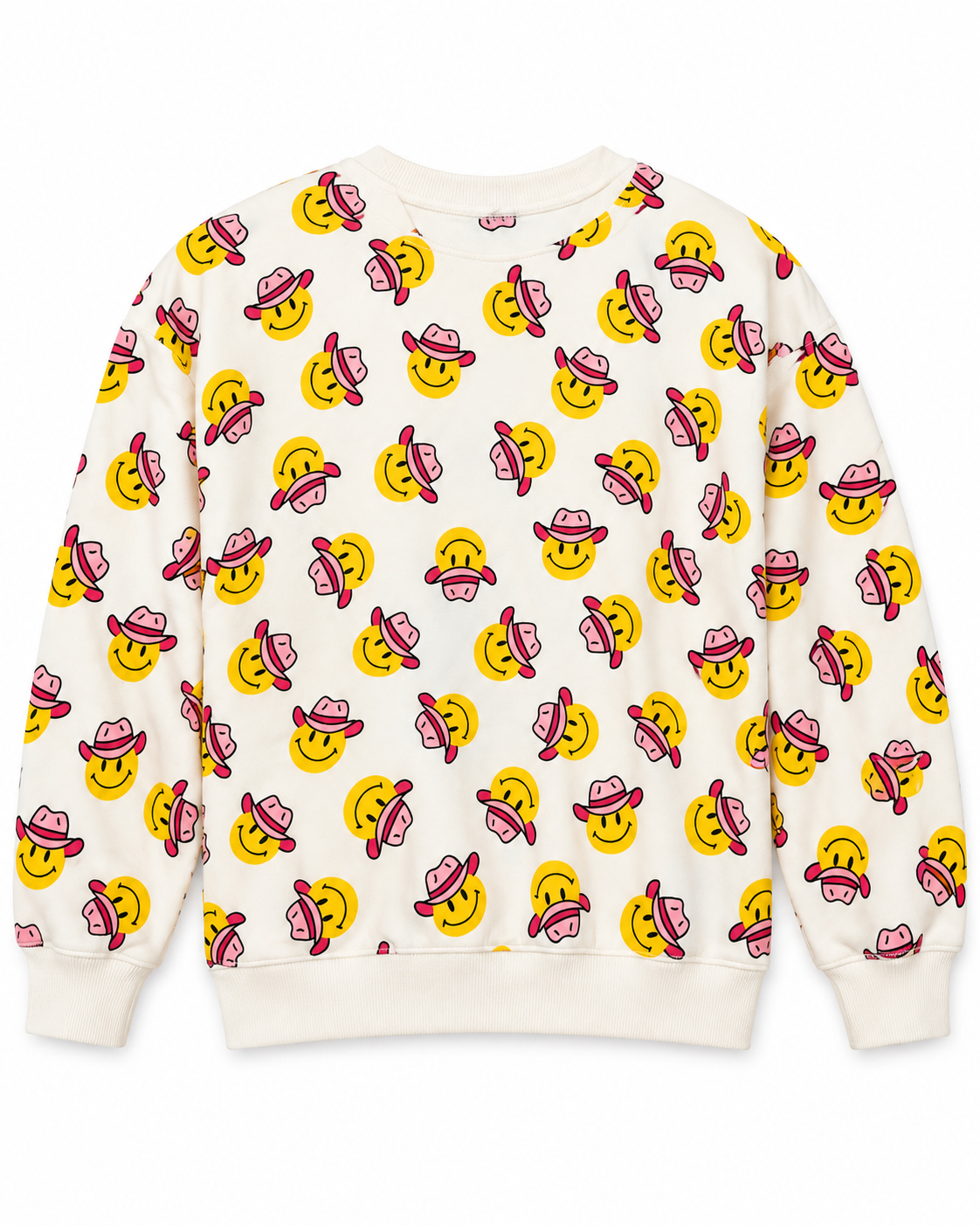 Back view of the cream sweatshirt showing the allover yellow smiley face and pink cowgirl hat print
