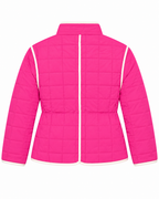 Back view of Pink Quilted Contrast Trim Jacket showing hot pink grid-quilted back panel with cream contrast trim along outer edges and center back seam, cinched back waist detail, and stand-up collar on white background
