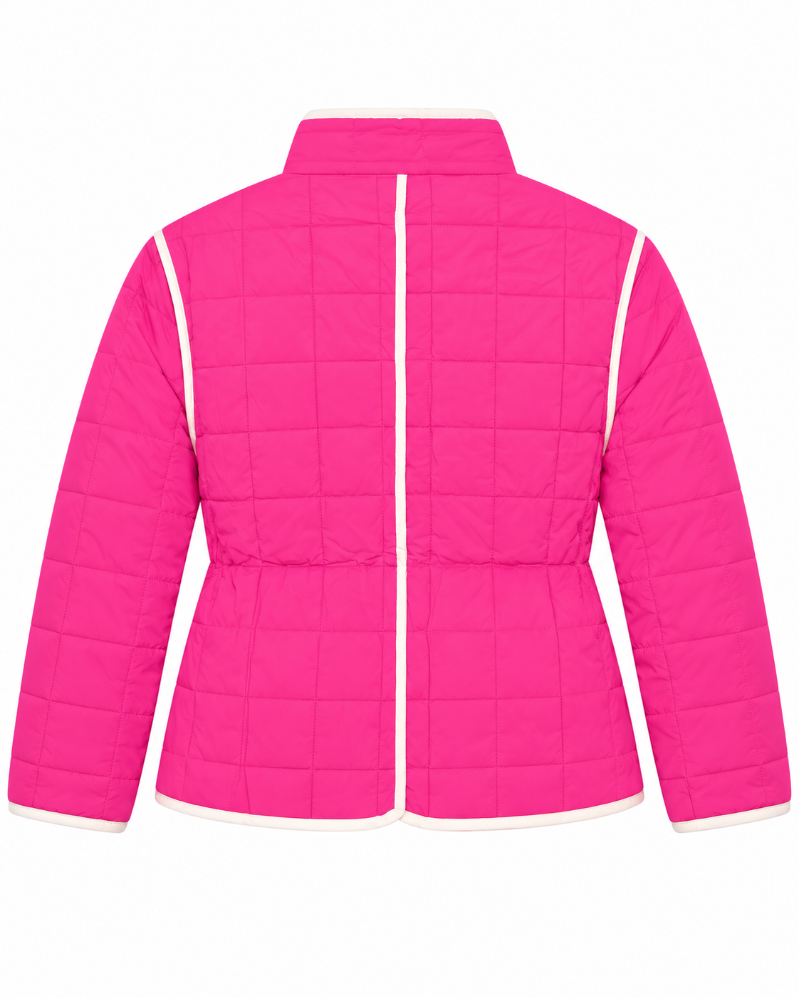 Back view of Pink Quilted Contrast Trim Jacket showing hot pink grid-quilted back panel with cream contrast trim along outer edges and center back seam, cinched back waist detail, and stand-up collar on white background

