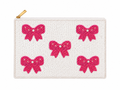 A white beaded clutch bag with five pink beaded bow motifs on the front, featuring a gold zipper pull and a white beaded border.