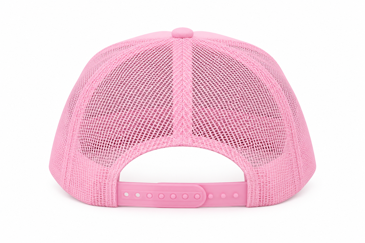 Back view of Good Vibes Only Trucker Hat showing full pink mesh back and pink plastic snapback closure with pink button top on white background
