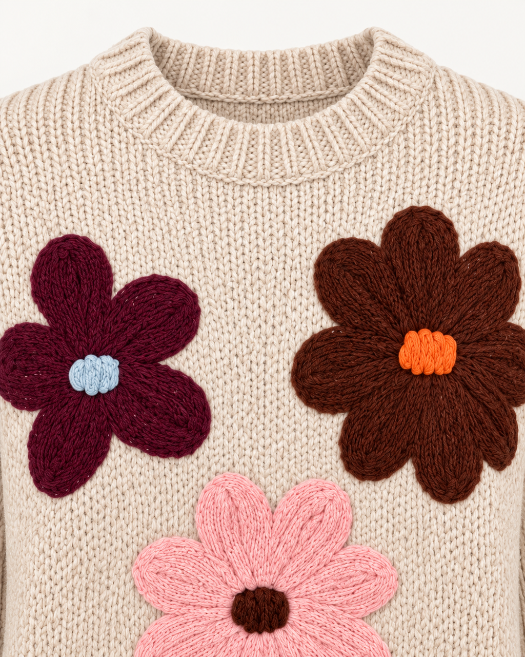 Close-up of the tan sweater showing the ribbed crew neckline and textured burgundy, brown, and pink stitched flowers
