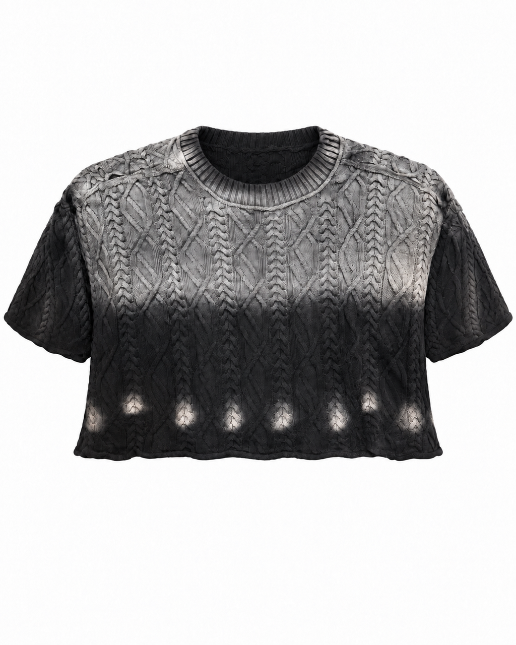 Front flat lay of black ombre cable knit cropped sweater with distressed hem detail on white background

