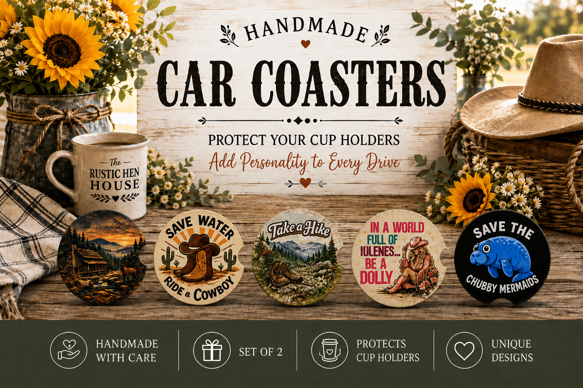 Handmade car coaster sets displayed as gift-ready accessories — absorbent ceramic coasters for car cup holders
