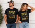 Man and woman modeling Respect the Locals Bigfoot graphic tee