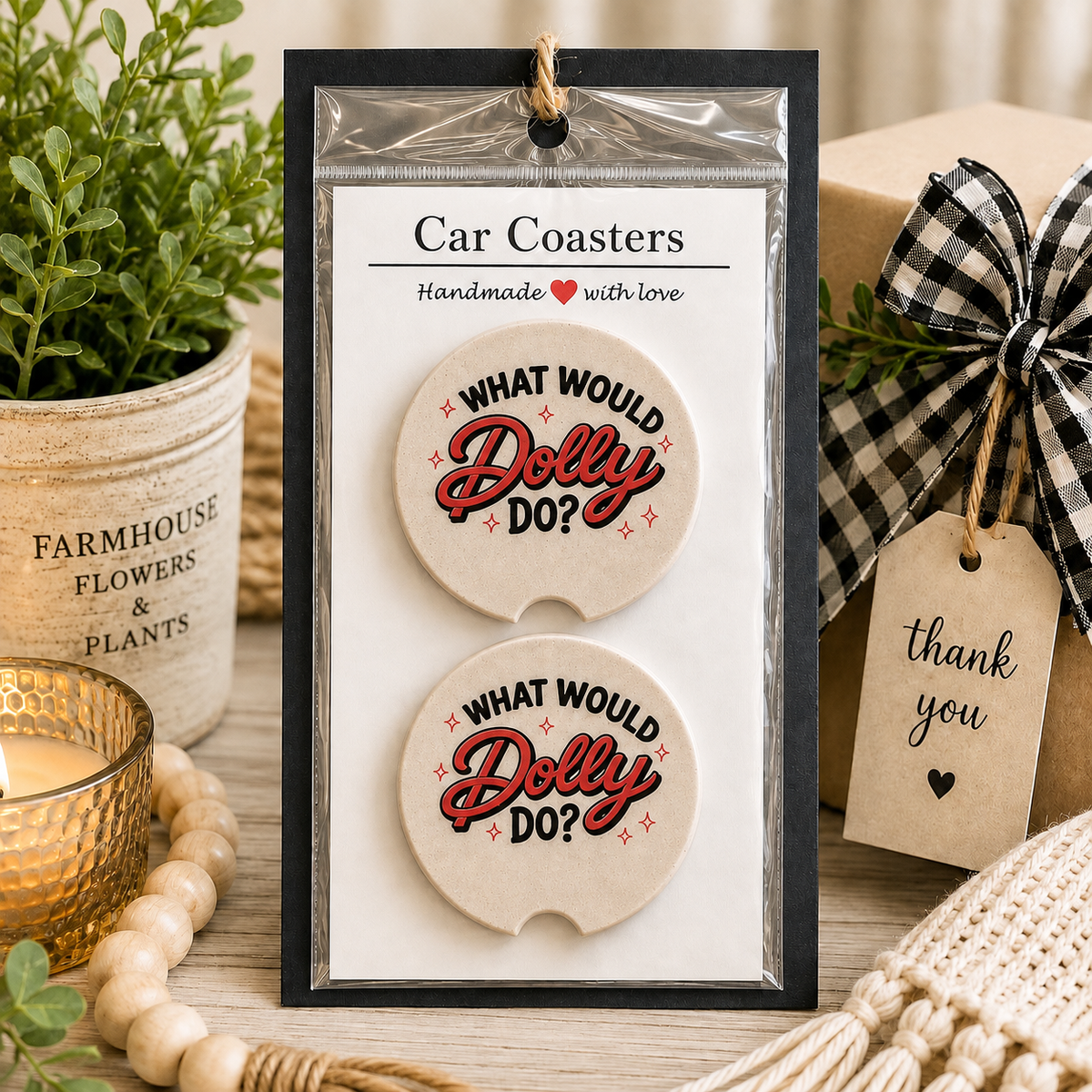What Would Dolly Do? Car Coaster Set in handmade packaging — gift-ready ceramic coasters with red and black lettering and sparkle accents, set of 2
