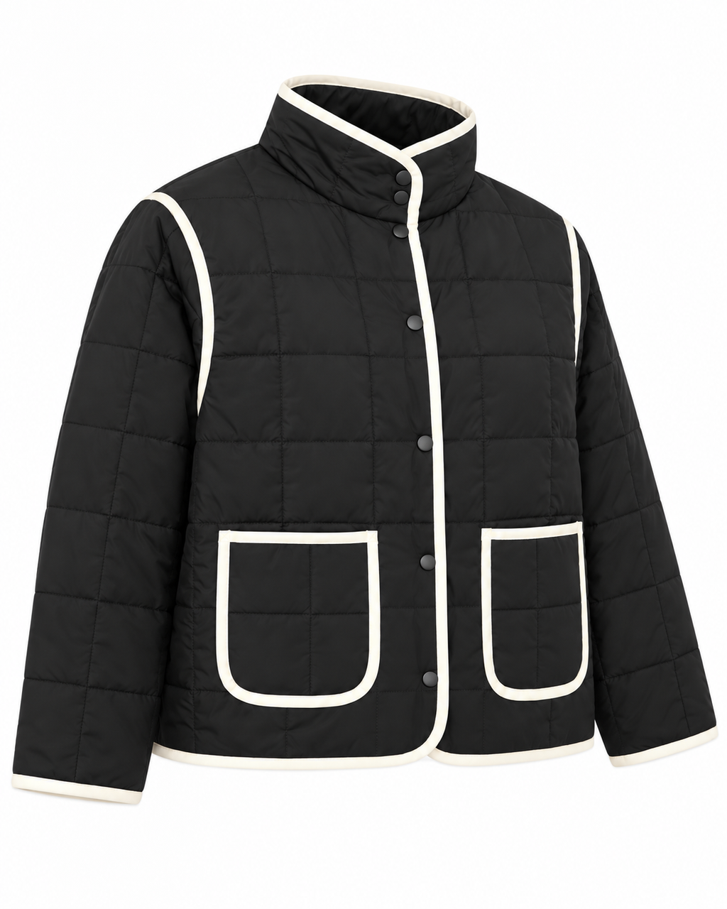 Black Quilted Contrast Trim Jacket three-quarter angle view showing black grid quilting, cream contrast trim along edges and collar, gunmetal snap buttons, and two cream-trimmed patch pockets on white background
