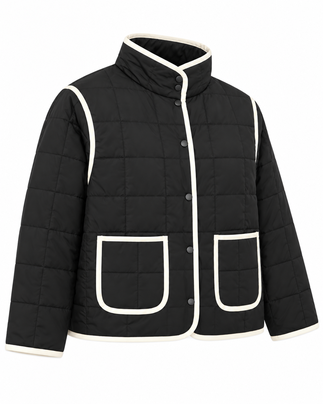 Black Quilted Contrast Trim Jacket three-quarter angle view showing black grid quilting, cream contrast trim along edges and collar, gunmetal snap buttons, and two cream-trimmed patch pockets on white background
