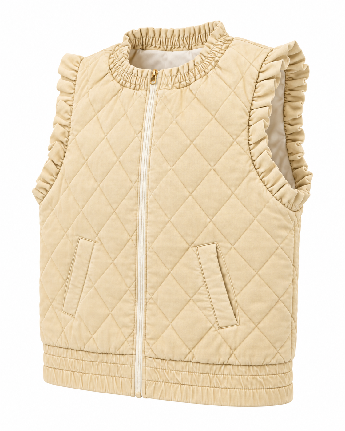 Angled front view of a beige quilted vest showing the full zipper, ruffled arm openings, and angled pockets
