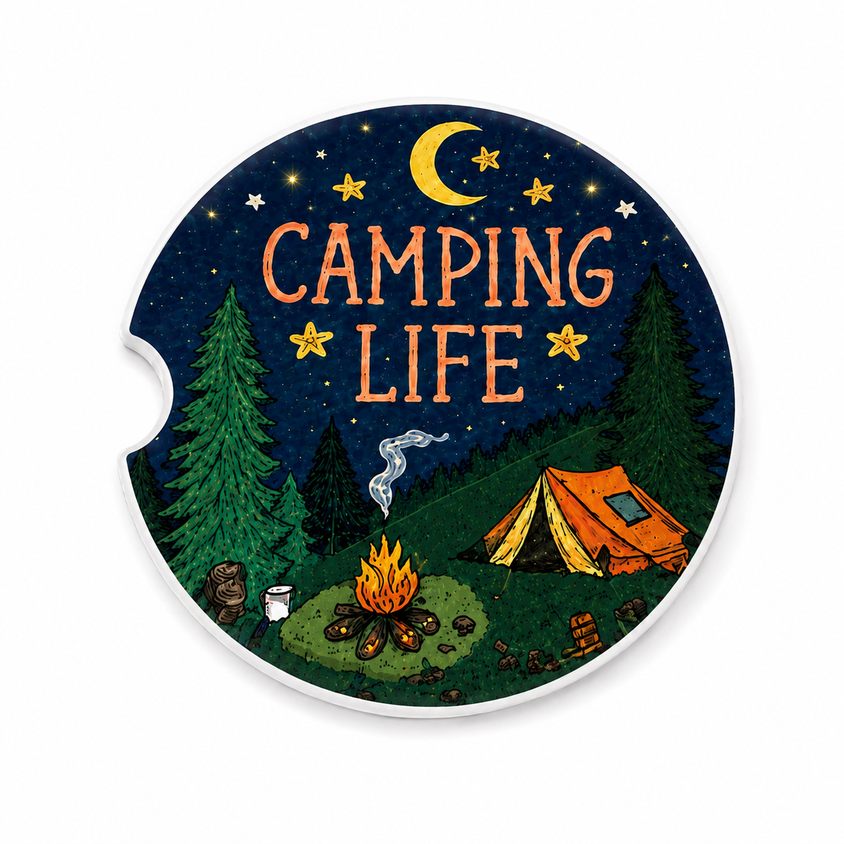 Close-up of Camping Life ceramic car coaster with campfire, orange tent, pine trees, crescent moon, and starry night sky on navy blue background
