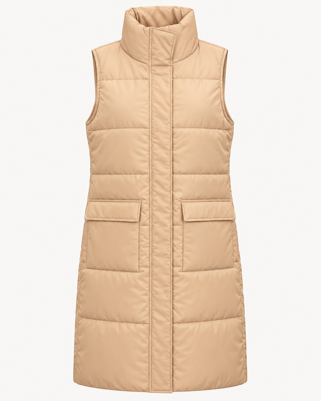 Front view of the tan long quilted puffer vest showing the tall stand collar, covered front placket, horizontal quilting, and two flap-detail pockets
