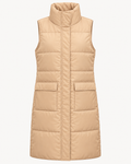 Front view of the tan long quilted puffer vest showing the tall stand collar, covered front placket, horizontal quilting, and two flap-detail pockets
