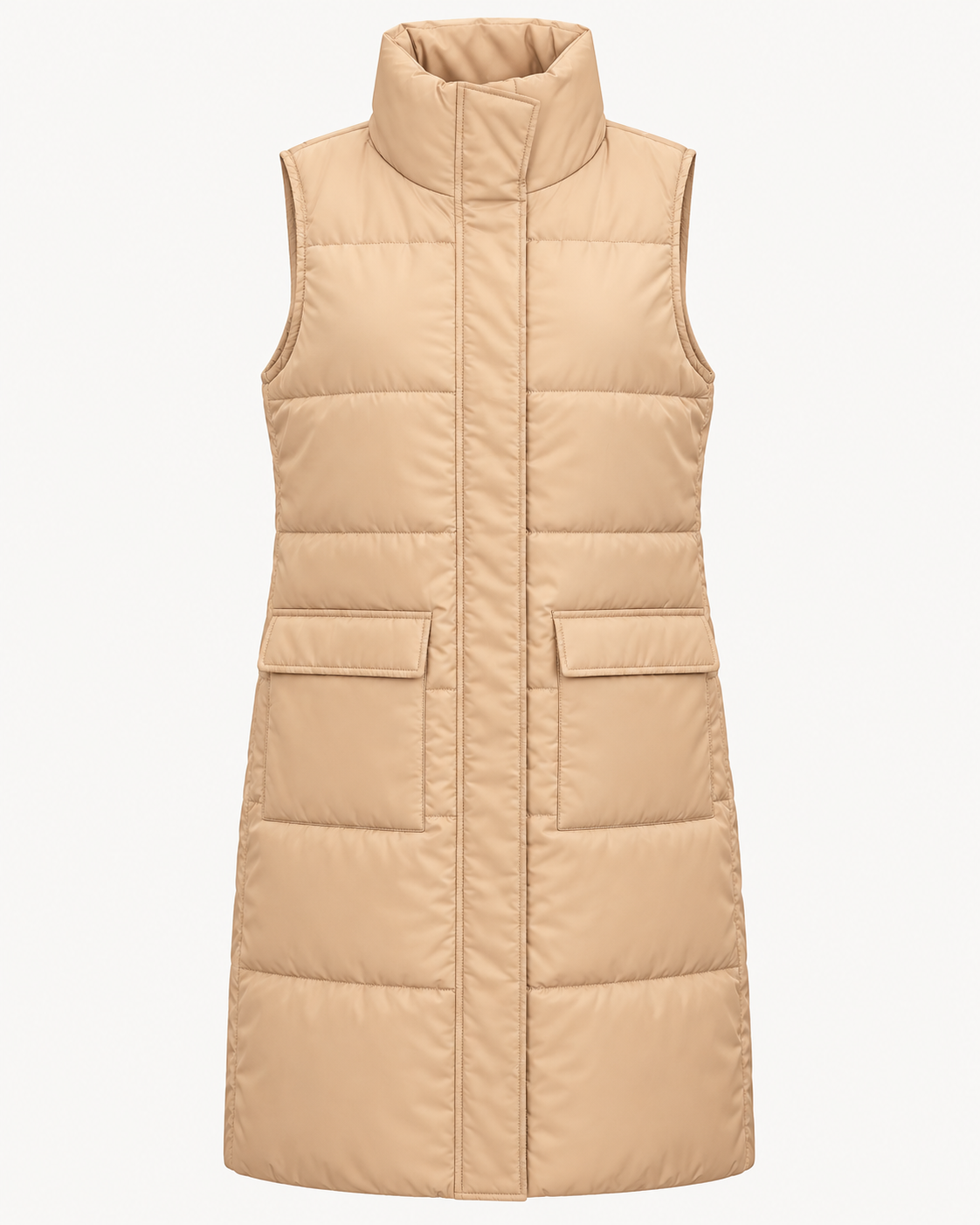 Front view of the tan long quilted puffer vest showing the tall stand collar, covered front placket, horizontal quilting, and two flap-detail pockets
