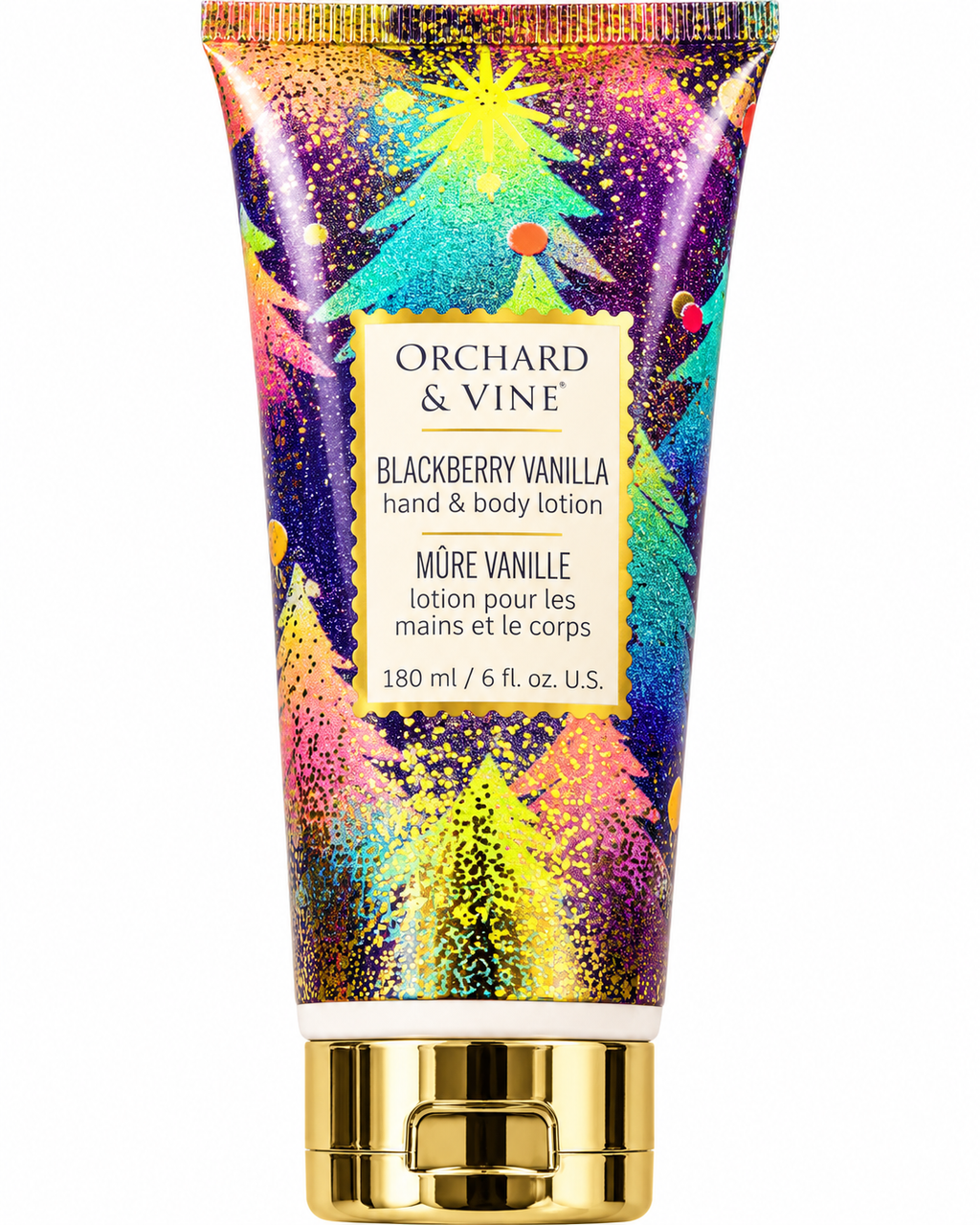 Close-up of the Blackberry Vanilla hand and body lotion label showing 180 mL and 6 fl oz with colorful Christmas trees and gold accents
