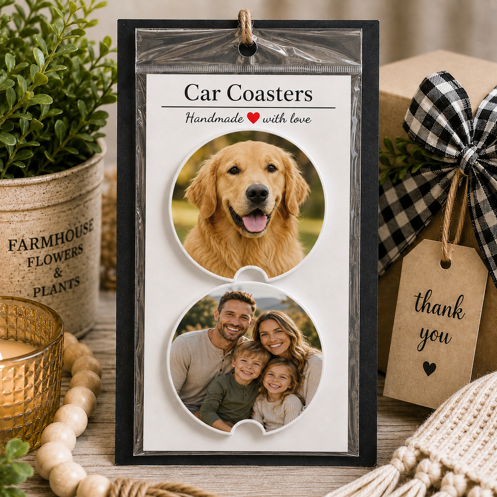 Custom photo car coaster set displayed in gift packaging showing a golden retriever and family photo coaster, with a thank you tag and farmhouse decor in the background.
