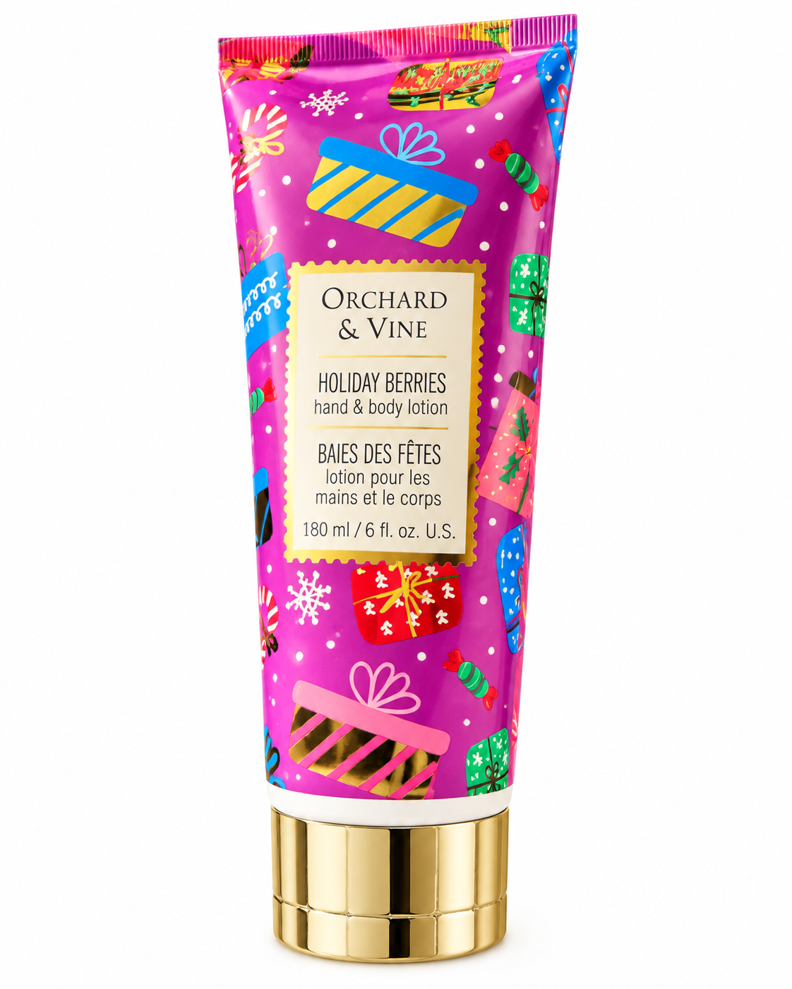 Angled view of Orchard & Vine Holiday Berries lotion showing pink gift-patterned packaging, snowflakes, and a gold-tone cap

