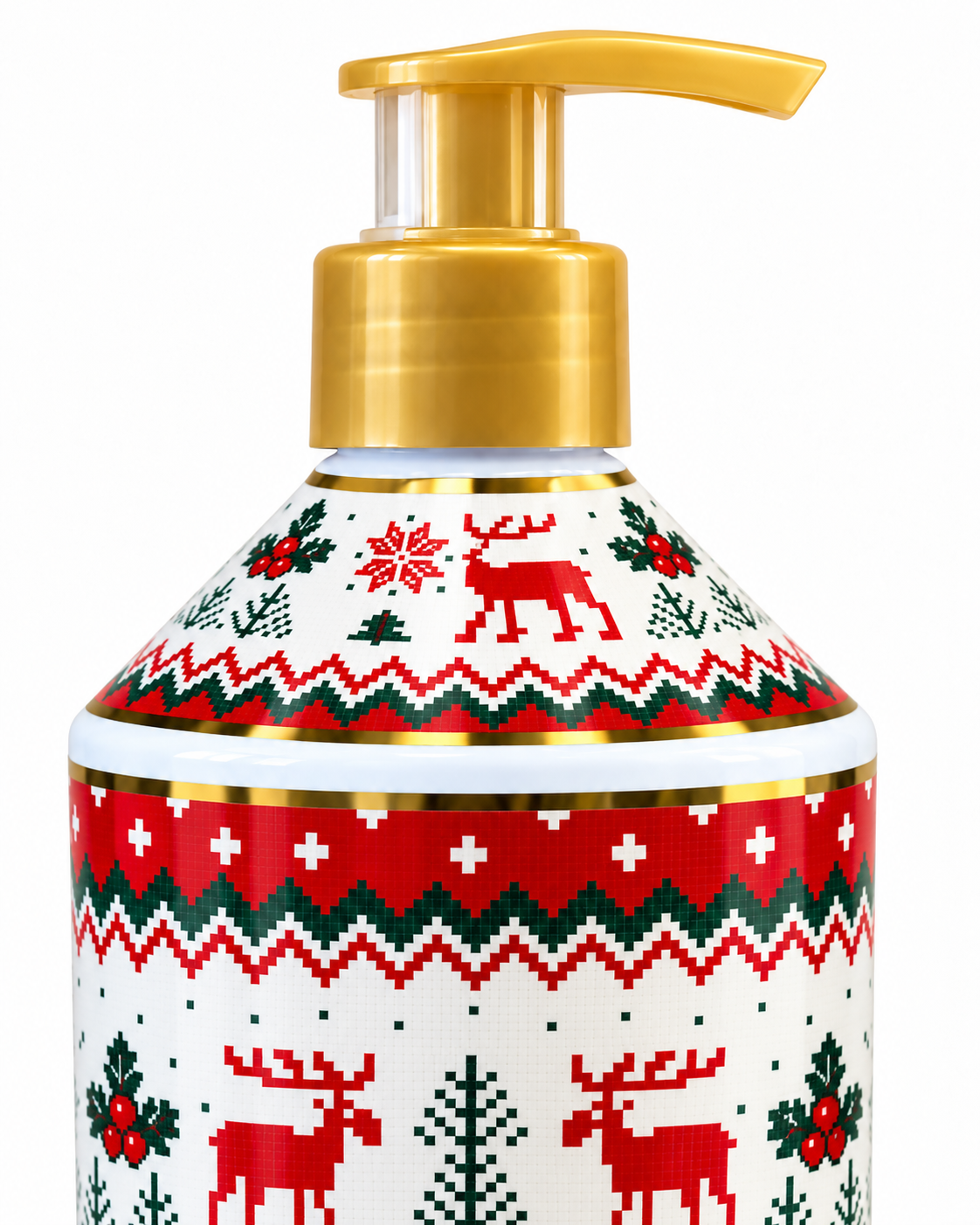 Close-up of the gold-colored pump and bottle shoulder decorated with red reindeer, green trees, holly berries, snowflakes, and zigzag borders
