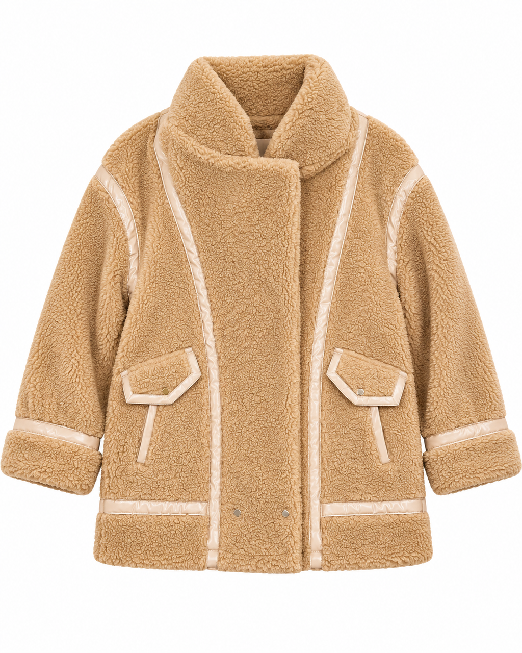 Front view of the tan sherpa jacket showing its full zipper, high collar, and contrast trim

