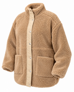 Angled front view of the camel sherpa jacket showing its long sleeves, large patch pockets, and curved hem
