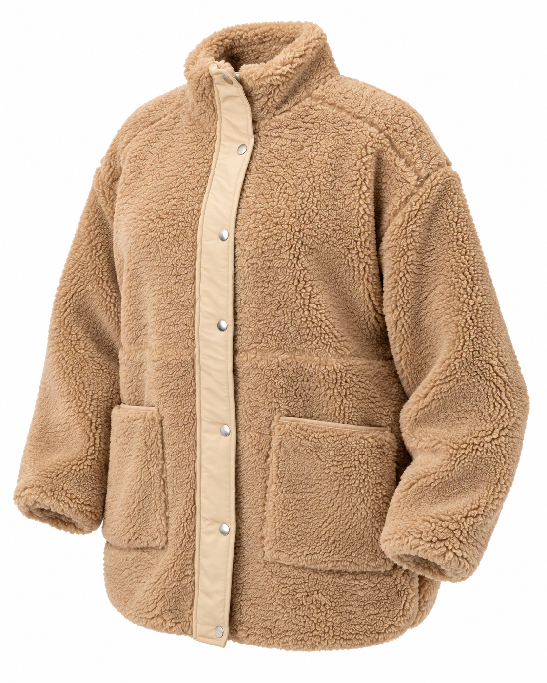 Angled front view of the camel sherpa jacket showing its long sleeves, large patch pockets, and curved hem
