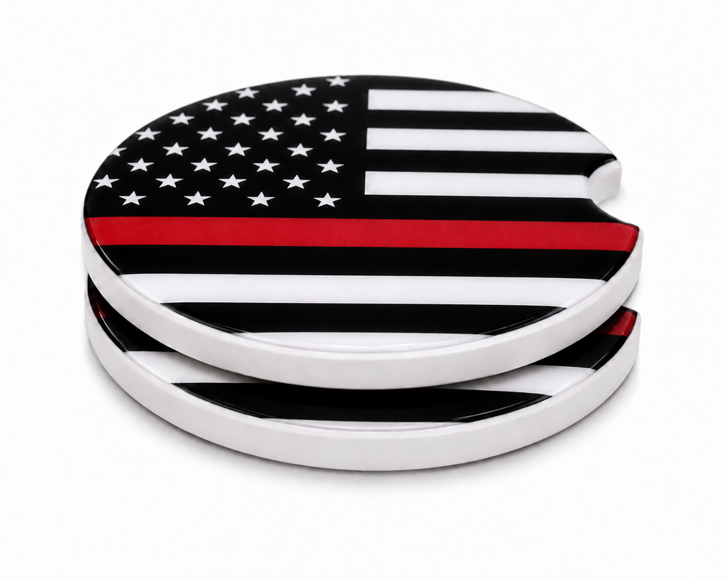 Thin Red Line ceramic car coasters stacked showing thickness and finger notch cutout, black and white American flag with red stripe design, set of 2
