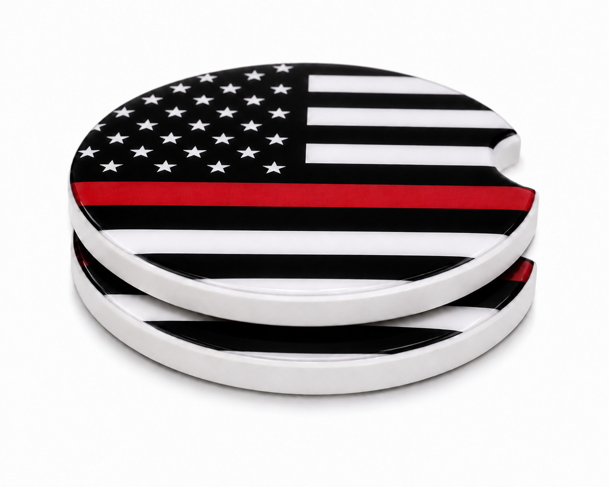 Thin Red Line ceramic car coasters stacked showing thickness and finger notch cutout, black and white American flag with red stripe design, set of 2
