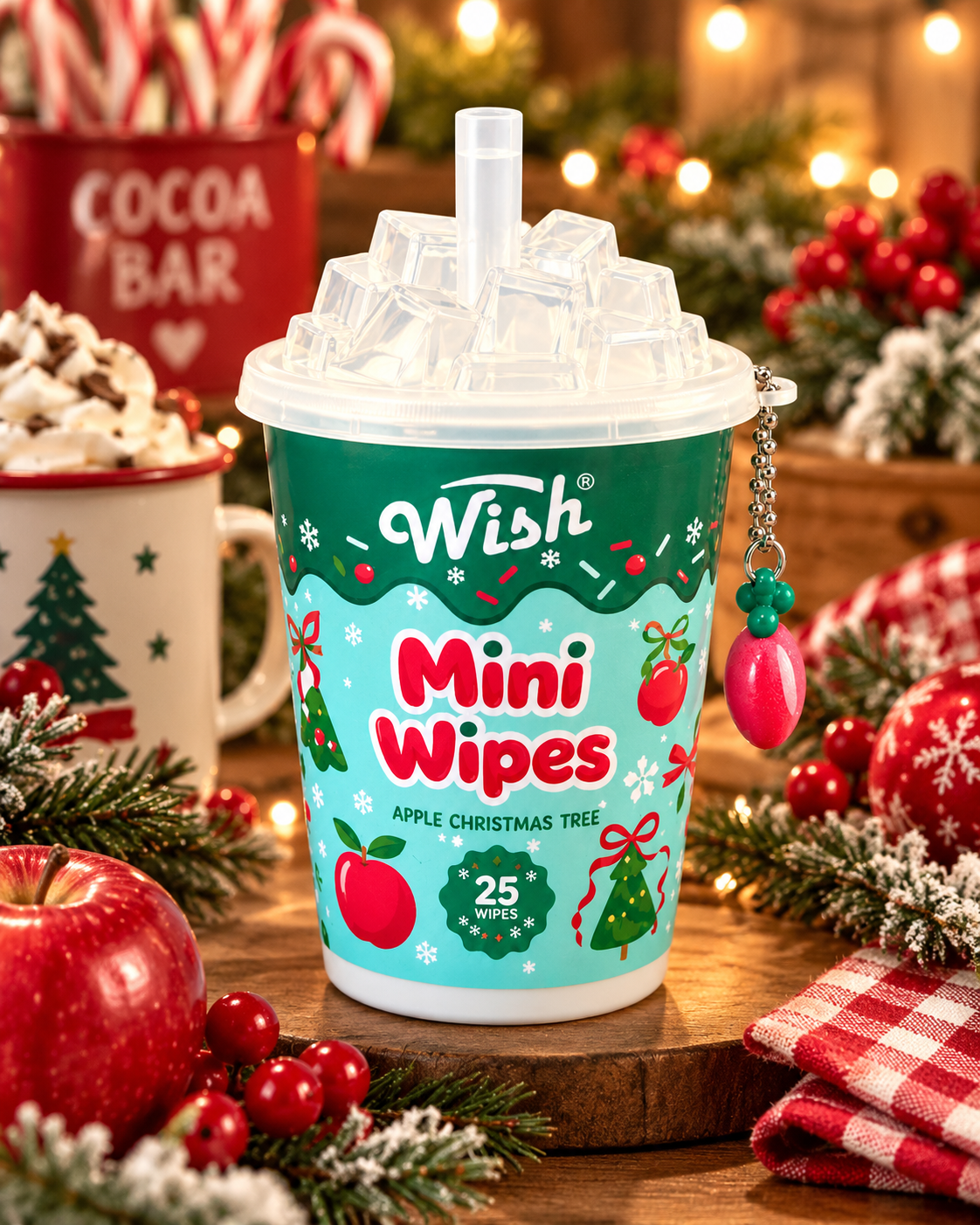 Apple Christmas Tree mini wipes in a festive cup with a clear ice-style lid and apple charm, displayed with apples and Christmas decorations
