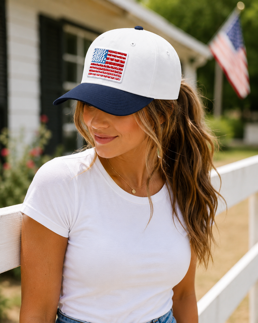 A woman leaning on a white fence outside a farmhouse wearing the American Flag Patch Baseball Cap in white with navy brim, paired with a white t-shirt, with an American flag visible in the background.


