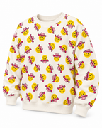 Angled front view of the cowgirl smiley face sweatshirt showing the print across the body and long sleeves
