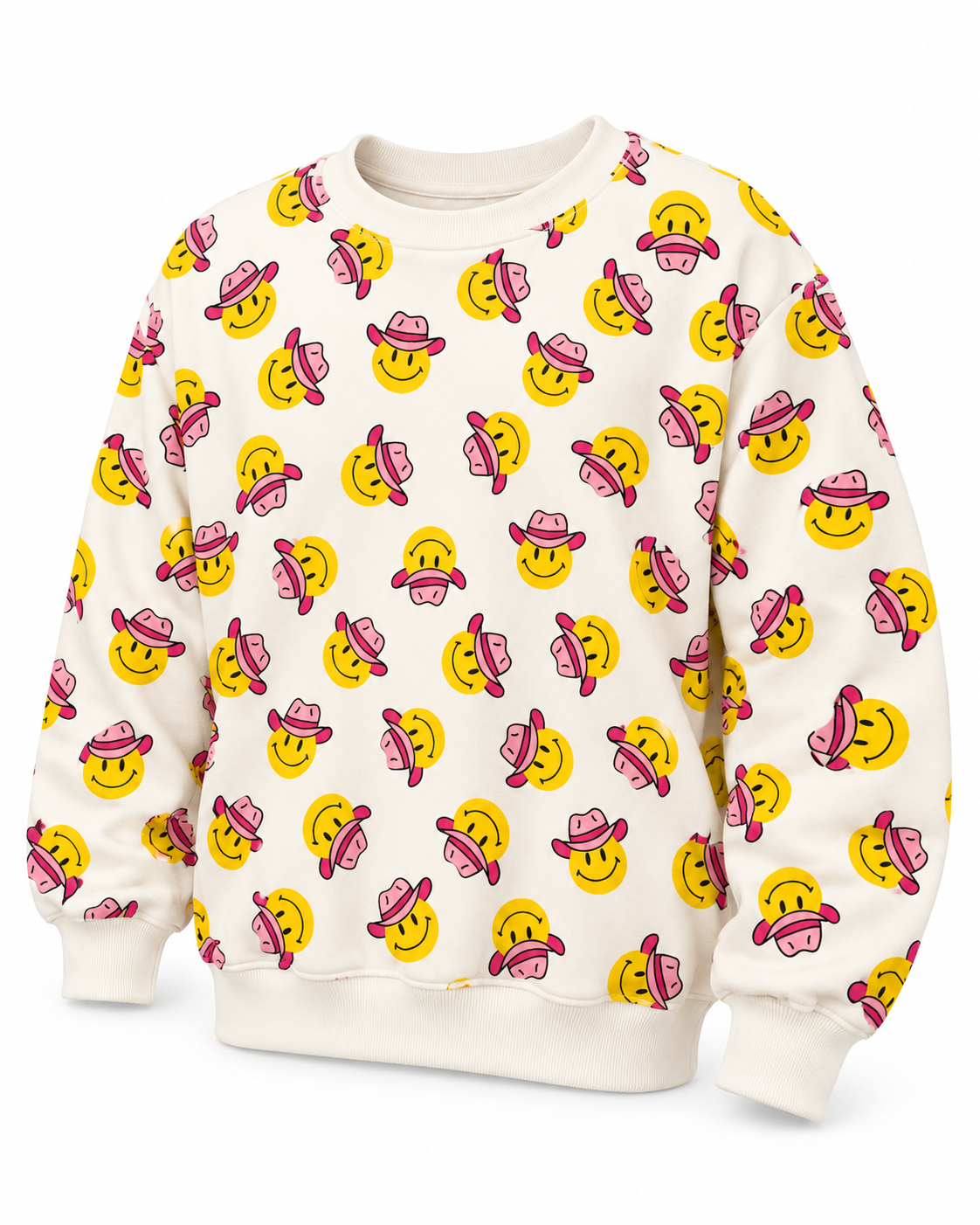 Angled front view of the cowgirl smiley face sweatshirt showing the print across the body and long sleeves
