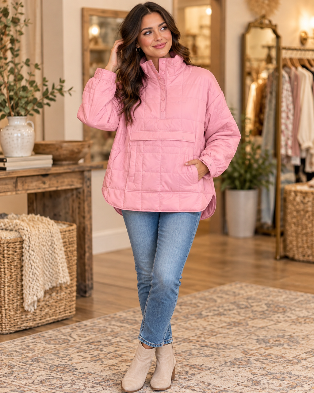 Brunette woman smiling in bubblegum pink large-grid quilted puffer pullover jacket with five pink snap buttons on quarter placket and large front kangaroo zipper pocket, paired with blue cropped jeans and tan suede block-heel ankle booties in a warm boutique interior
