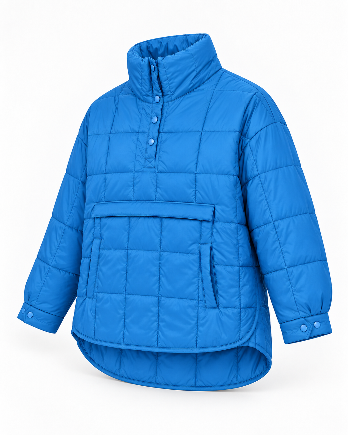 Angled front view of blue quilted puffer pullover jacket showing quilted texture, side pocket opening, and snap cuffs

