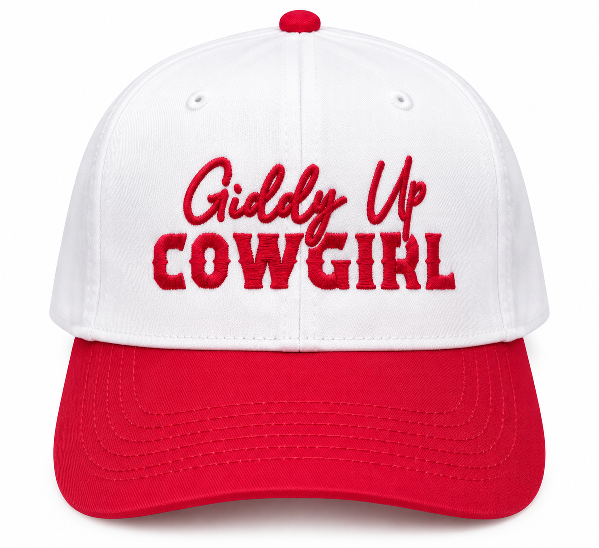 Giddy Up Cowgirl Baseball Cap front view with white structured crown, red bill, and red embroidered Giddy Up Cowgirl lettering on white background
