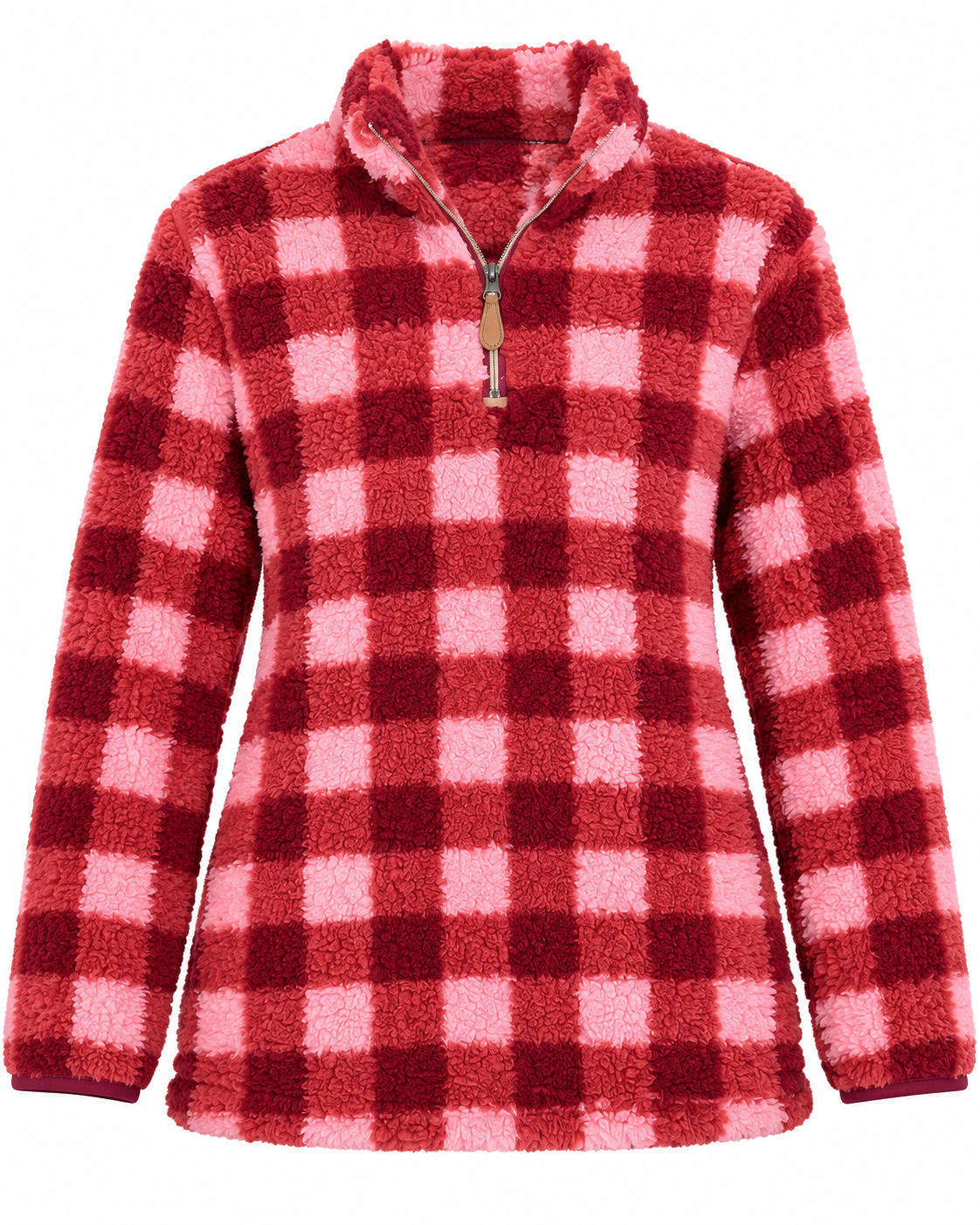 Front view of the pink, berry, and burgundy plaid sherpa pullover showing its quarter zipper, stand collar, and burgundy cuff trim
