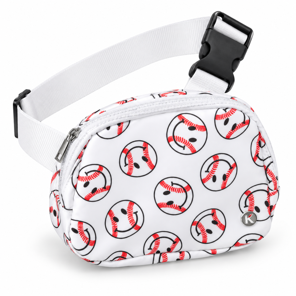 Baseball Smiley Belt Bag three-quarter angle view showing white nylon with allover baseball smiley face print in red and black, top zipper closure with silver pull, silver Katydid K logo rivet, and adjustable white webbing strap with black buckle on white background

