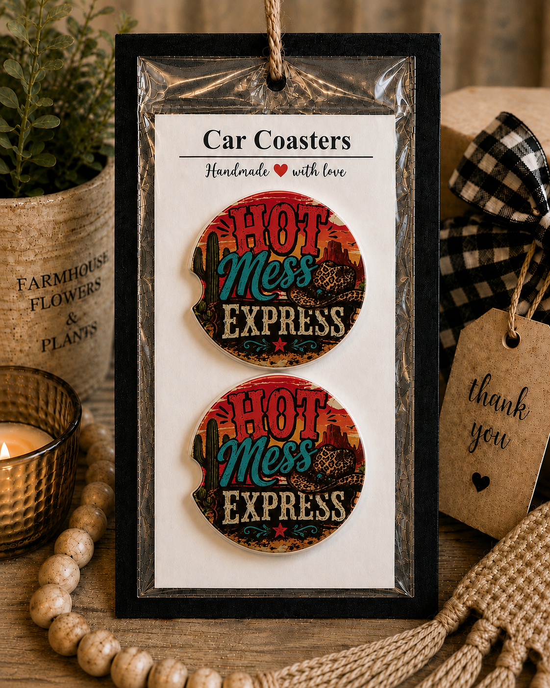 Hot Mess Express car coaster set in gift packaging, handmade ceramic coasters with retro western desert and leopard print design
