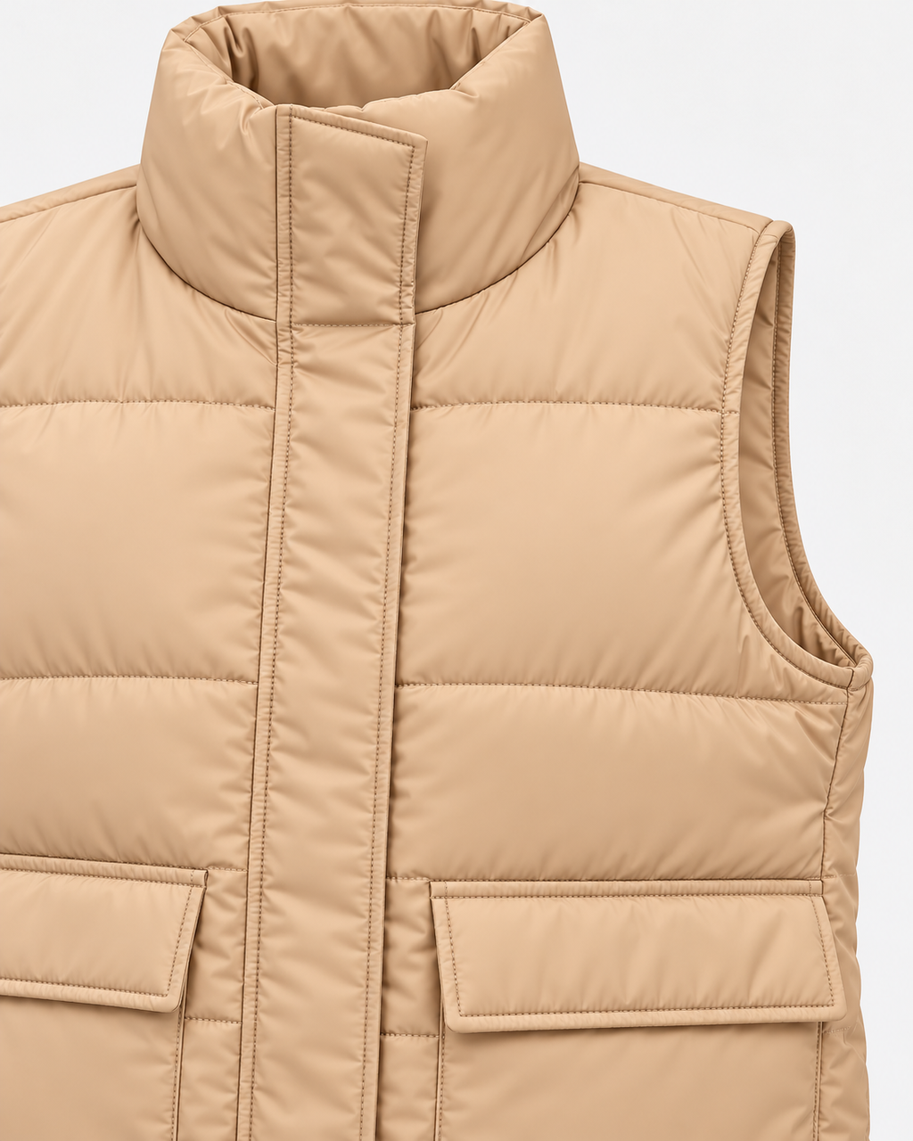 Close-up of the tan quilted puffer vest showing the tall stand collar, covered front placket, armhole trim, quilting, and pocket flap details
