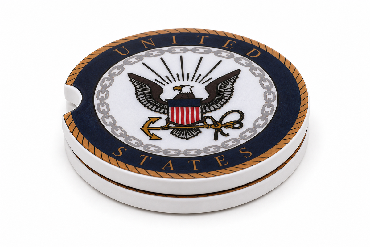 United States Navy ceramic car coasters stacked showing thickness and finger notch cutout, official U.S. Navy eagle and anchor seal on navy blue and gold, set of 2
