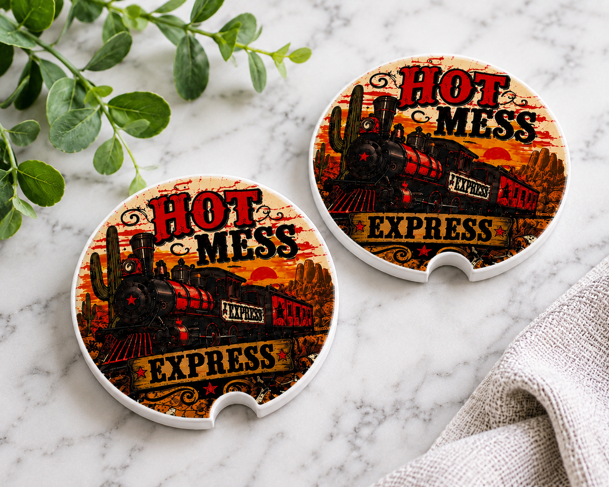 Hot Mess Express (Train) Car Coaster Set — set of 2 ceramic coasters with vintage steam train, desert sunset, and bold red "Hot Mess Express" lettering, on marble surface
