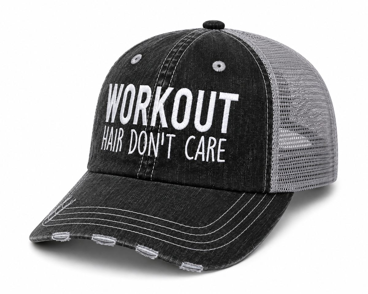 Side view of Workout Hair Don't Care trucker hat in distressed black with gray mesh back and white embroidered lettering, shown on a white background.
