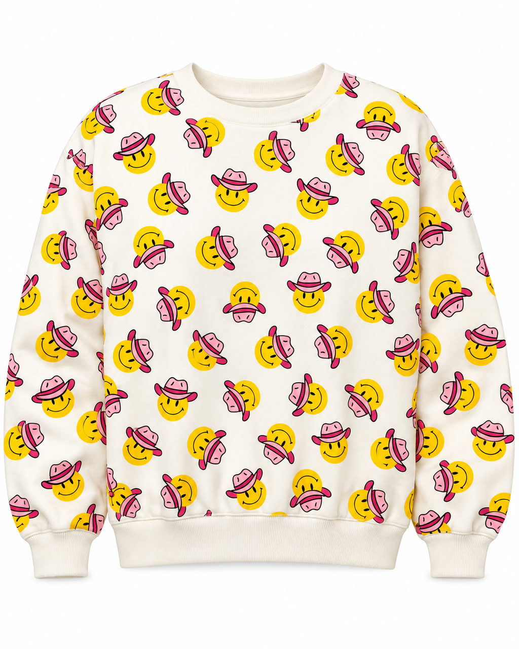 Front view of the cream cowgirl smiley face sweatshirt with an allover yellow and pink print and ribbed trim
