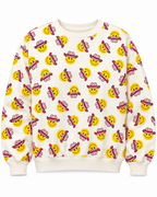 Front view of the cream cowgirl smiley face sweatshirt with an allover yellow and pink print and ribbed trim
