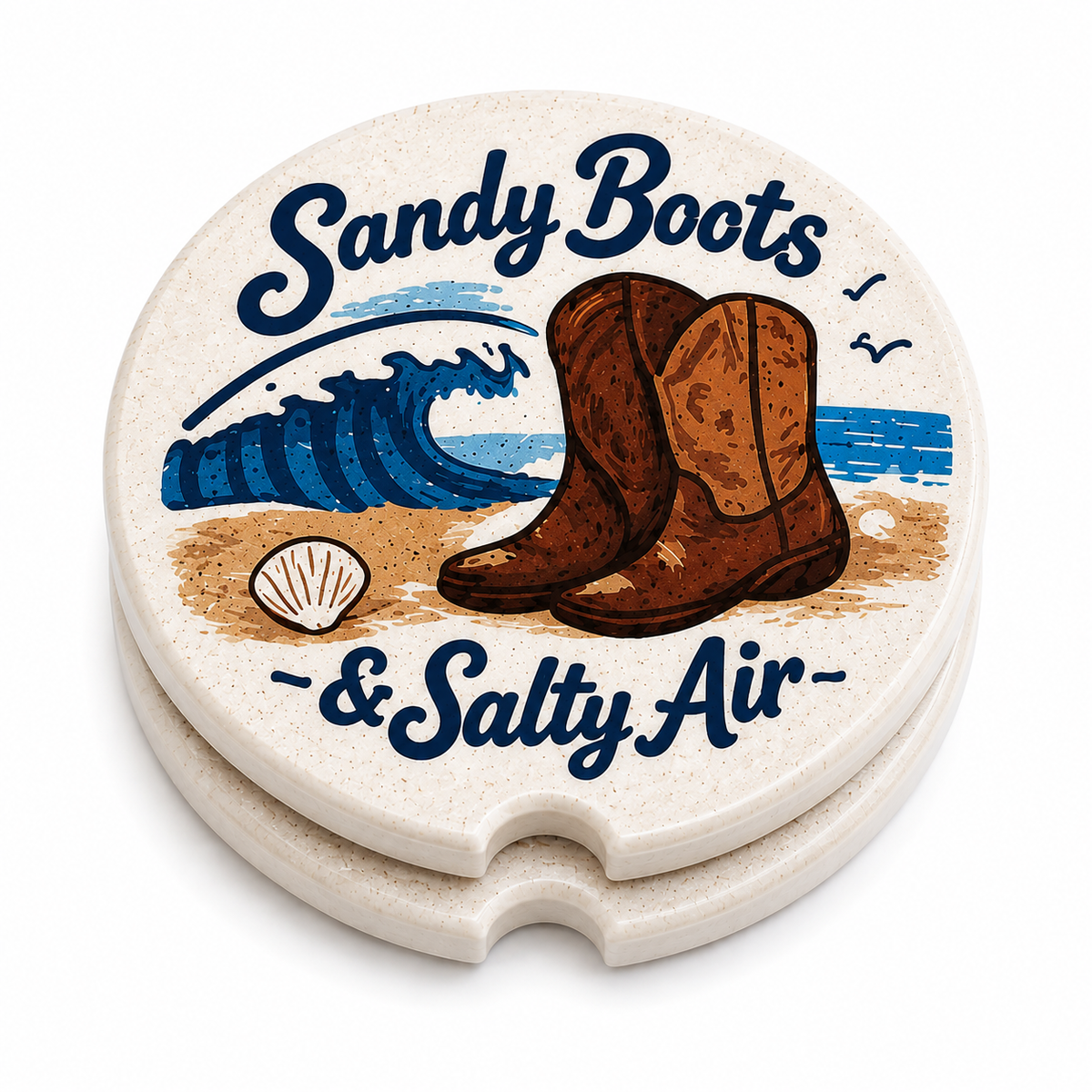 Both Sandy Boots & Salty Air car coasters showing front design and cork backing
