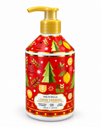 Angled view of the Lemon Verbena hand soap bottle showing Christmas trees, lemons, ornaments, snowflakes, and botanical decoration
