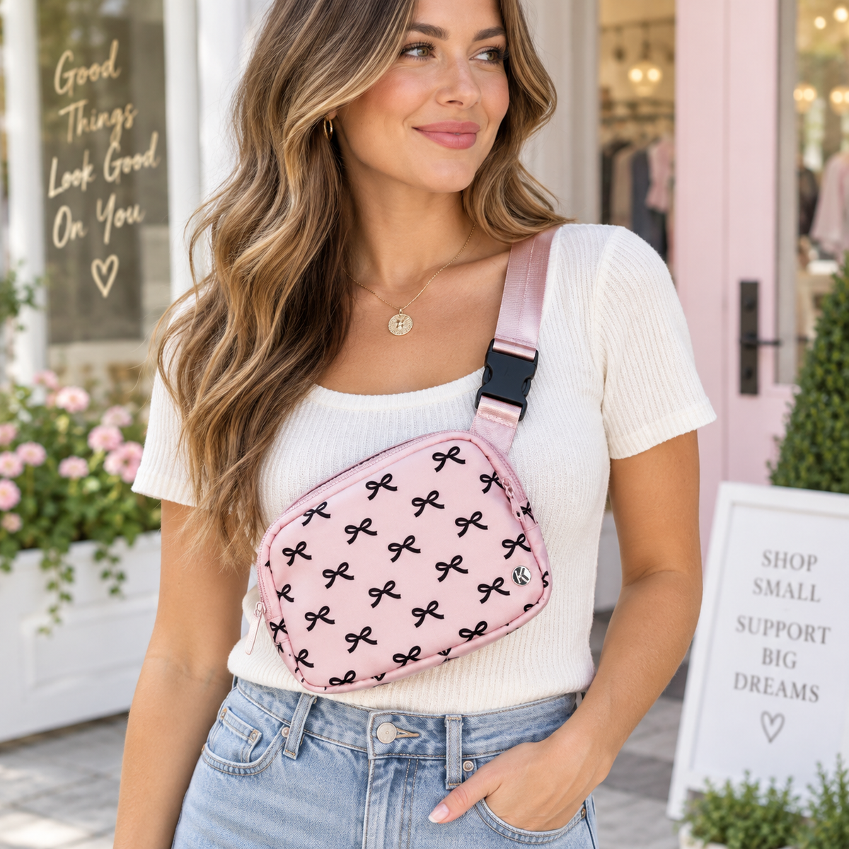 Woman in cream ribbed top and jeans wearing Pink Bow Belt Bag as crossbody showing pink nylon with all-over black bow print and adjustable pink strap in front of boutique with Good Things Look Good on You window lettering and Shop Small Support Big Dreams sign

